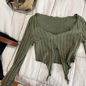 Olive Green Ribbed Long Sleeve Top
